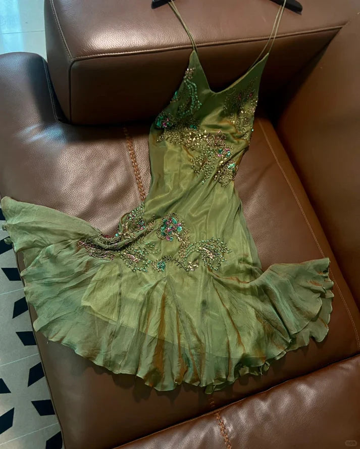 Retro Green Mermaid Spaghetti Strap Exquisite Beaded Chiffon Prom Dress Party Dress HZ1023