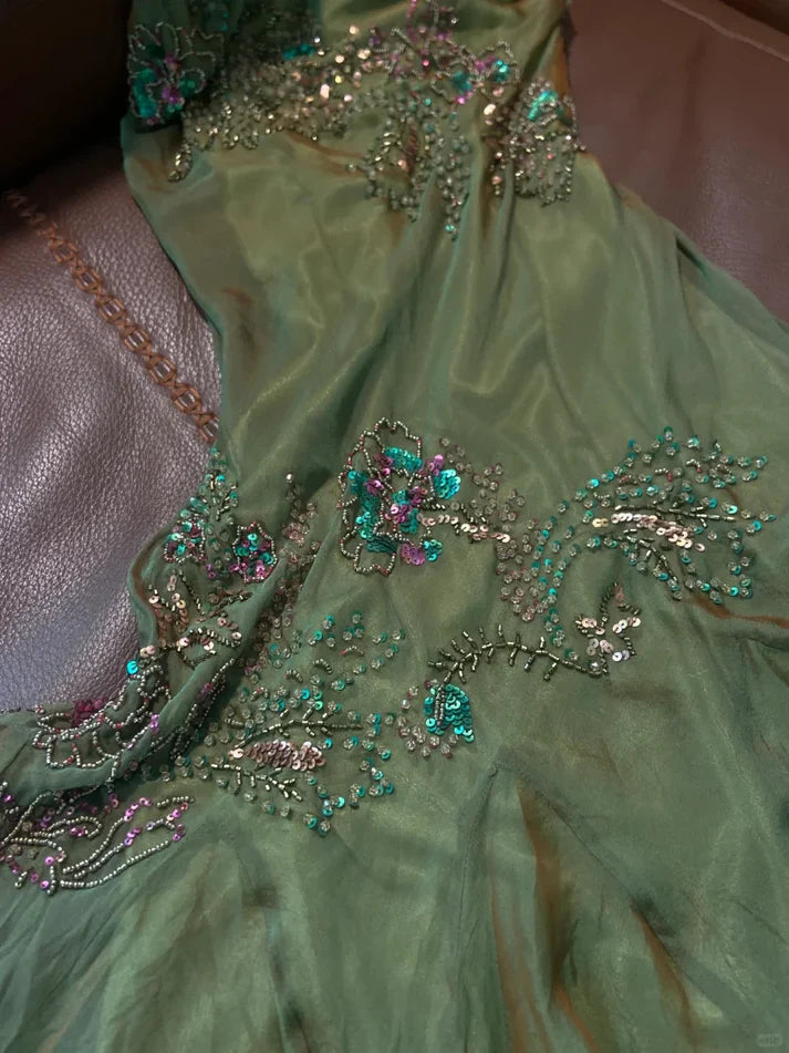 Retro Green Mermaid Spaghetti Strap Exquisite Beaded Chiffon Prom Dress Party Dress HZ1023