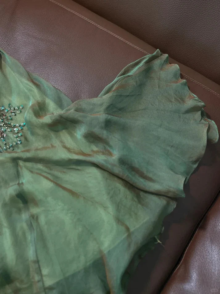 Retro Green Mermaid Spaghetti Strap Exquisite Beaded Chiffon Prom Dress Party Dress HZ1023