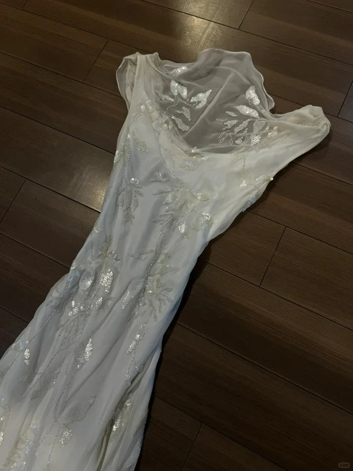 Light Pink Mermaid Round Neck Beaded Floral Chiffon Evening Dress Party Dress HZ1023
