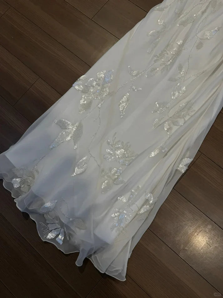 Light Pink Mermaid Round Neck Beaded Floral Chiffon Evening Dress Party Dress HZ1023