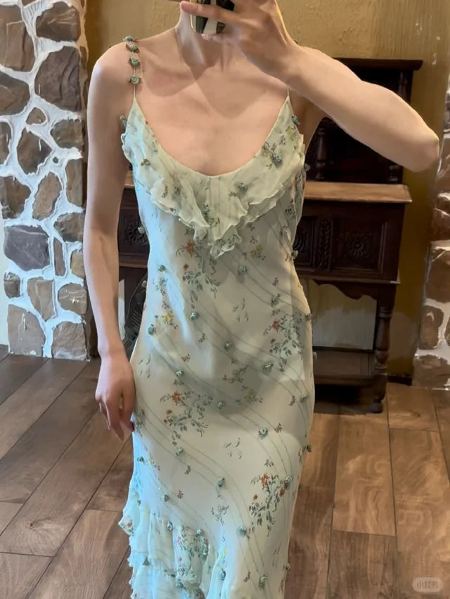 Sage Green Floral Mermaid Spaghetti Strap Layered Chiffon Evening Dress Party Dress HZ1023