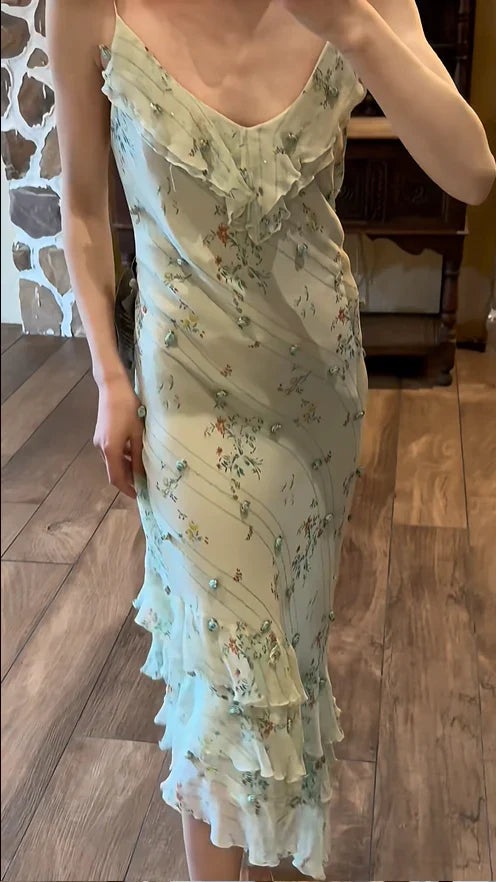Sage Green Floral Mermaid Spaghetti Strap Layered Chiffon Evening Dress Party Dress HZ1023