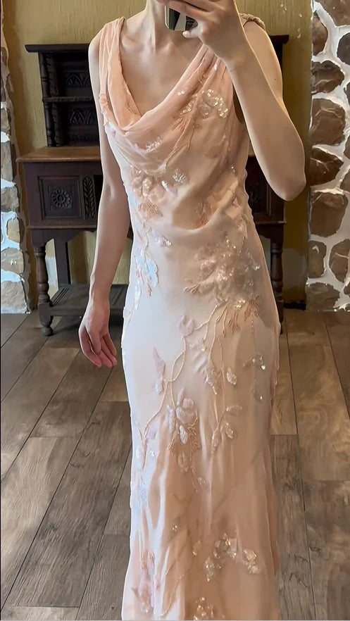 Light Pink Mermaid Round Neck Beaded Floral Chiffon Evening Dress Party Dress HZ1023