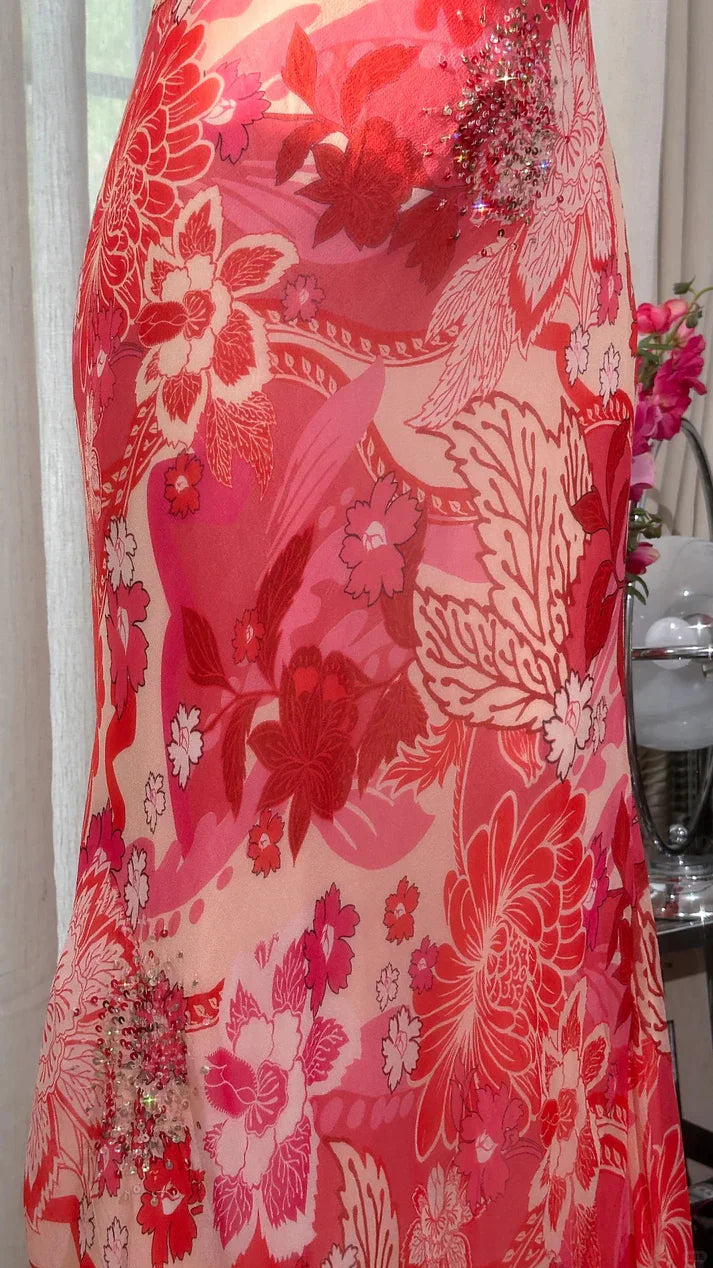 Red Print Floral Mermaid Spaghetti Strap Beaded Chiffon Evening Dress Party Dress HZ1023