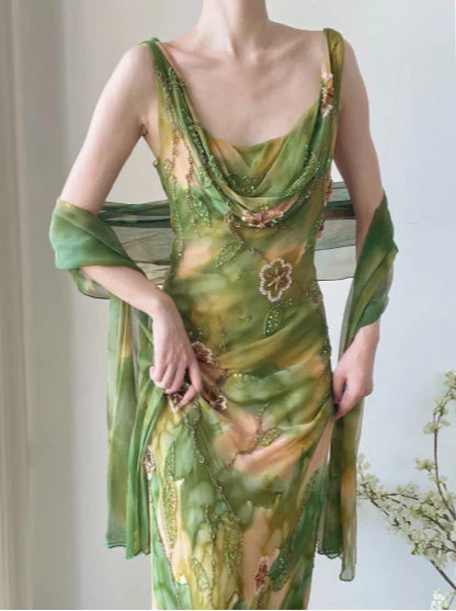 Exquisite Sheath Straps Beaded Print Floral Chiffon Prom Dress Party Dress HZ1023