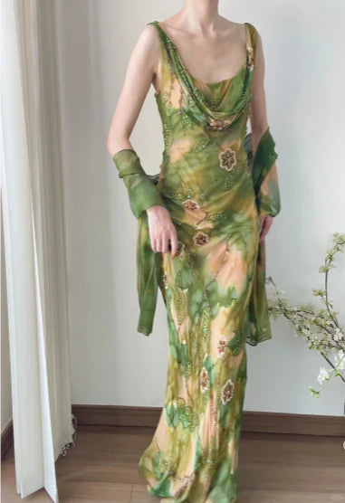 Exquisite Sheath Straps Beaded Print Floral Chiffon Prom Dress Party Dress HZ1023