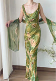 Exquisite Sheath Straps Beaded Print Floral Chiffon Prom Dress Party Dress HZ1023