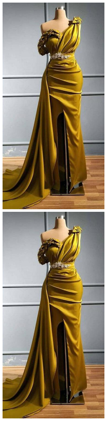 Yellow One Shoulder Mermaid Prom Dresses Sexy Crtstal Beaded Arabic Evening Gown Plus Size High Side Split Formal Party Dress HZ1023