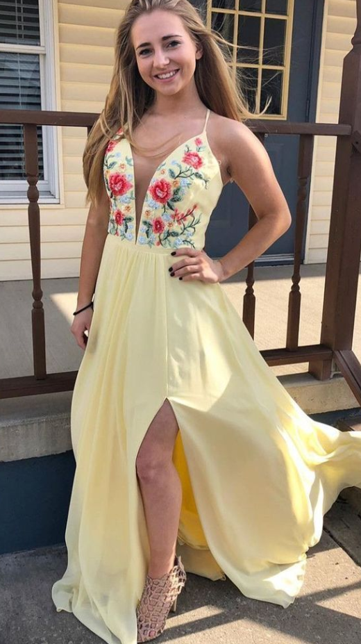 Yellow Long Prom Dress, Prom Dress with Floral Embroidery and Side Slit HZ1023