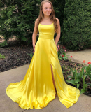 YELLOW SATIN LONG PROM DRESS SIMPLE EVENING DRESS HZ1023