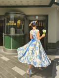 Vintage A Line Round Neck Blue Print Floral Satin Prom Dress Evening Dress HZ1023