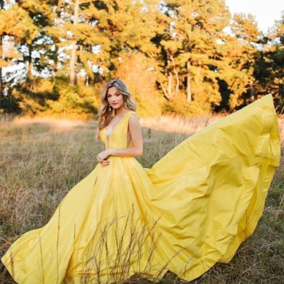 Yellow A-line Satin Long Formal Dress prom dresses HZ1023