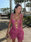 Shiny A Line Straps Tiered Hot Pink Sequin Short Homecoming Dress Outfits HZ1023