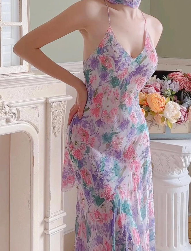 Purple Vintage Mermaid Spaghetti Strap Beaded Print Floral Chiffon Party Dress Prom Dress HZ1023