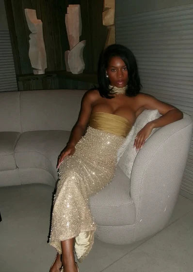 Shiny Sheath Strapless Long Yellow Sequin Satin Party Dresses Prom Dresses HZ1023