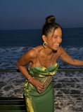 Stunning Green Sheath Spaghetti Strap Satin Long Prom Dress Party Dress HZ1023