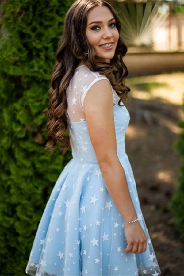 Charming Blue Lace Scoop Short A line Homecoming Dresses HZ1023