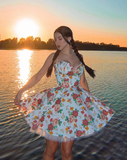 Princess A Line Spaghetti Strap Print Floral Satin Short Homecoming Dress 16th Birthday Dress HZ1023