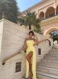 Yellow Sheath Strapless Pleated Chiffon Long Prom Dress Evening Dress with Slit HZ1023