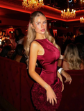 Burgundy 3D Floral Sheath Satin Open Back Short Homecoming Dress Birthday Dress HZ1023