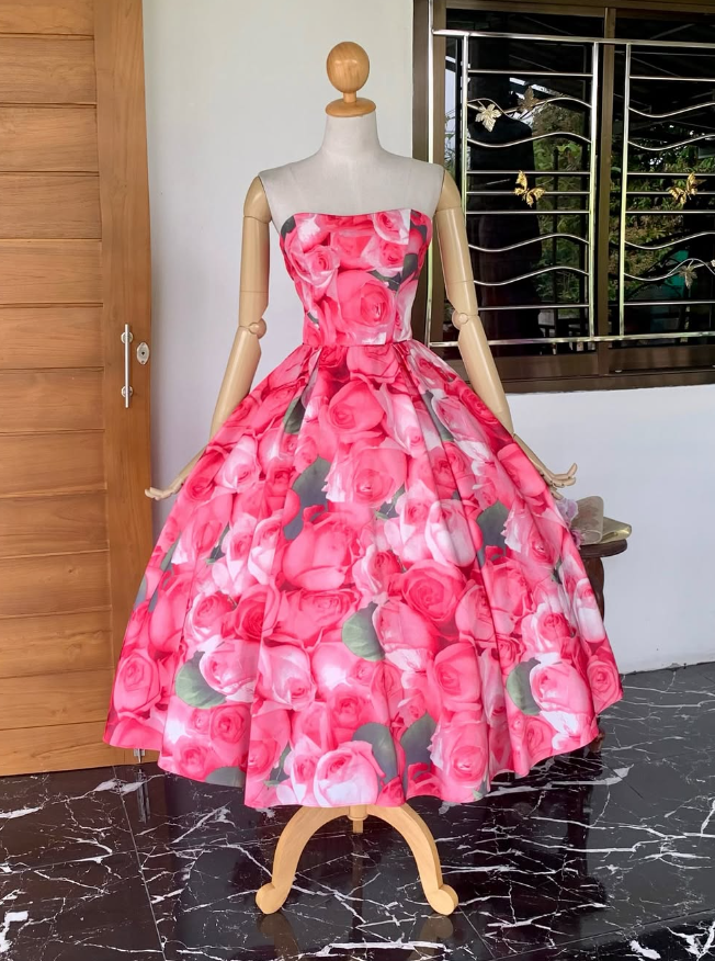 Vintage Pink A Line Strapless Print Flower Satin Prom Dress Evening Dress HZ1023