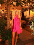 Barbie Pink A Line Halter Satin Open Back Short Prom Dress Homecoming Dress HZ1023