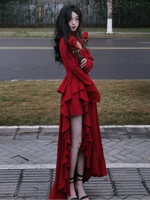 Vintage Red Prom Dress Long Irregular Evening Dress HZ1023