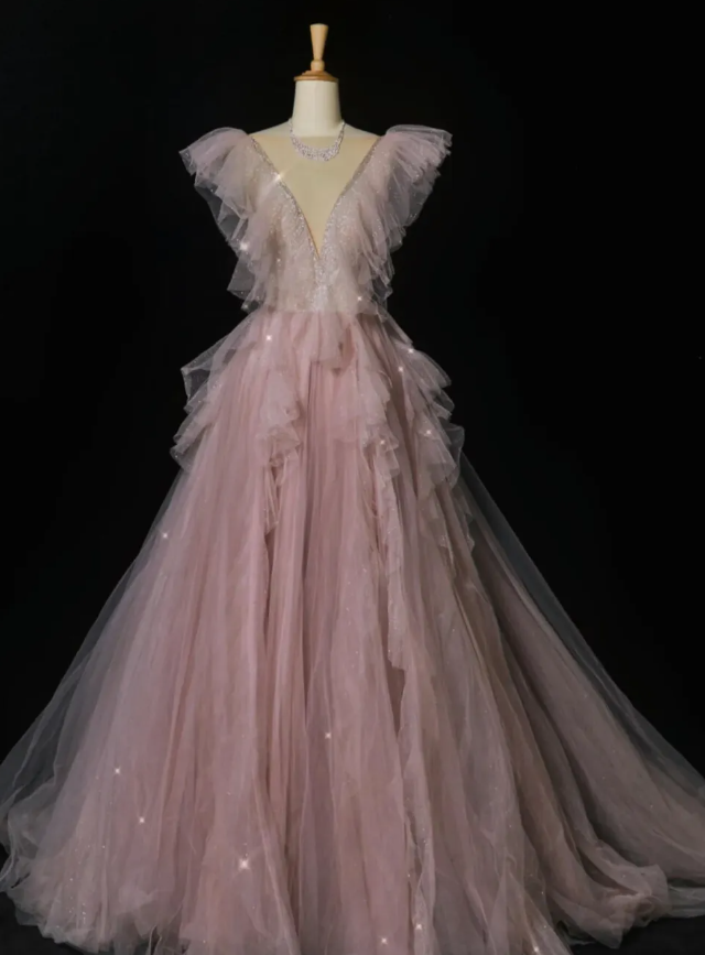 Pink Beaded A Line V Neck Ruffle Tulle Prom Dress Evening Dress Party Dress HZ1023