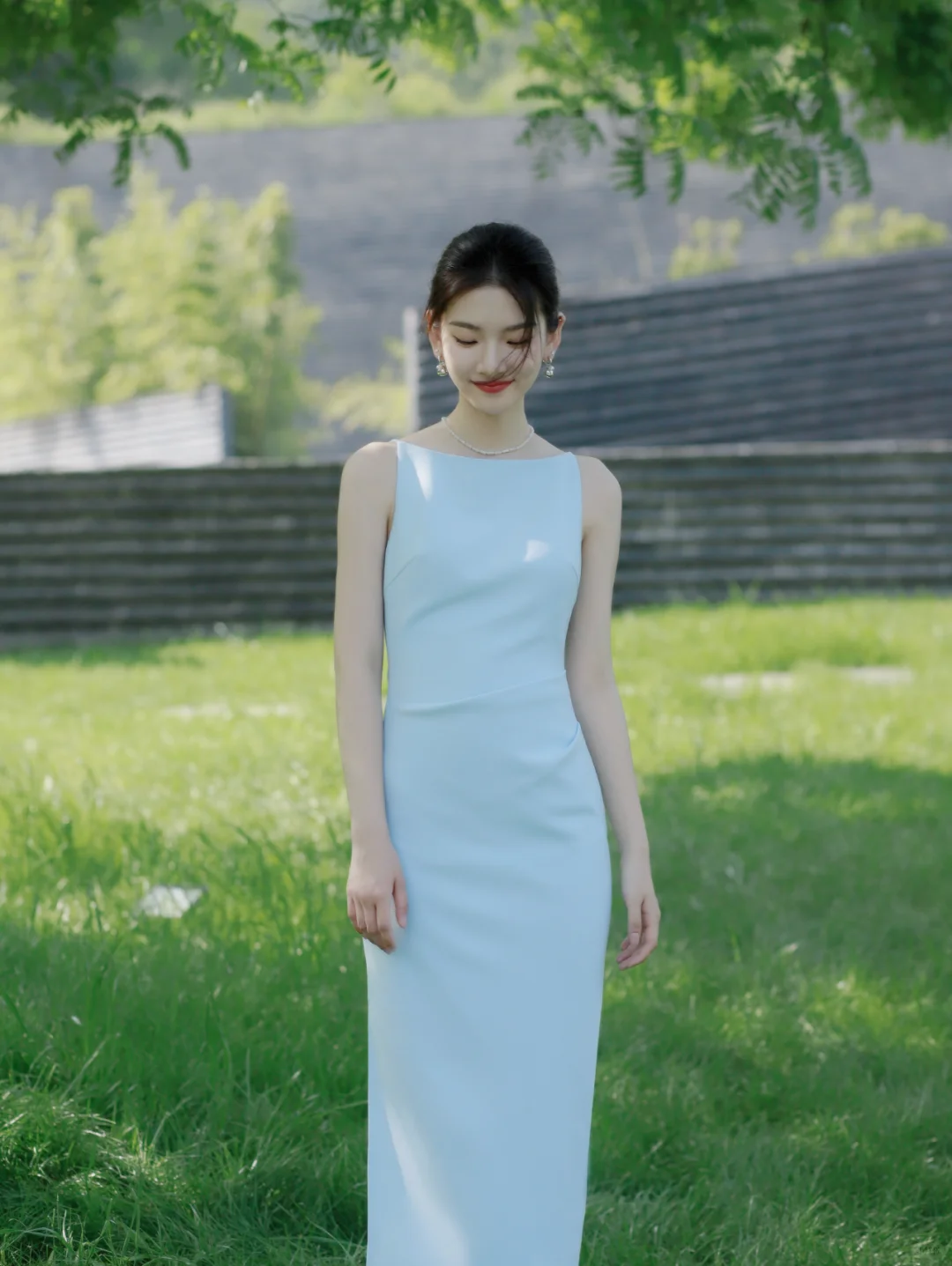 Baby Blue Sheath Round Neck Satin Prom Dress Evening Dress Party Dress HZ1023