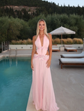 Pink A Line V Neck Floral Chiffon Open Back Prom Dress Evening Dress HZ1023