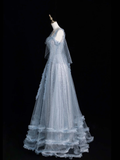 Shiny A Line Spaghetti Strap Blue Tulle Silver Sequin Long Evening Dresses Party Dresses HZ1023