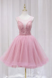 Pink A Line Round Neck Short Prom Dresses Homecoming Dresses with Beadings HZ1023