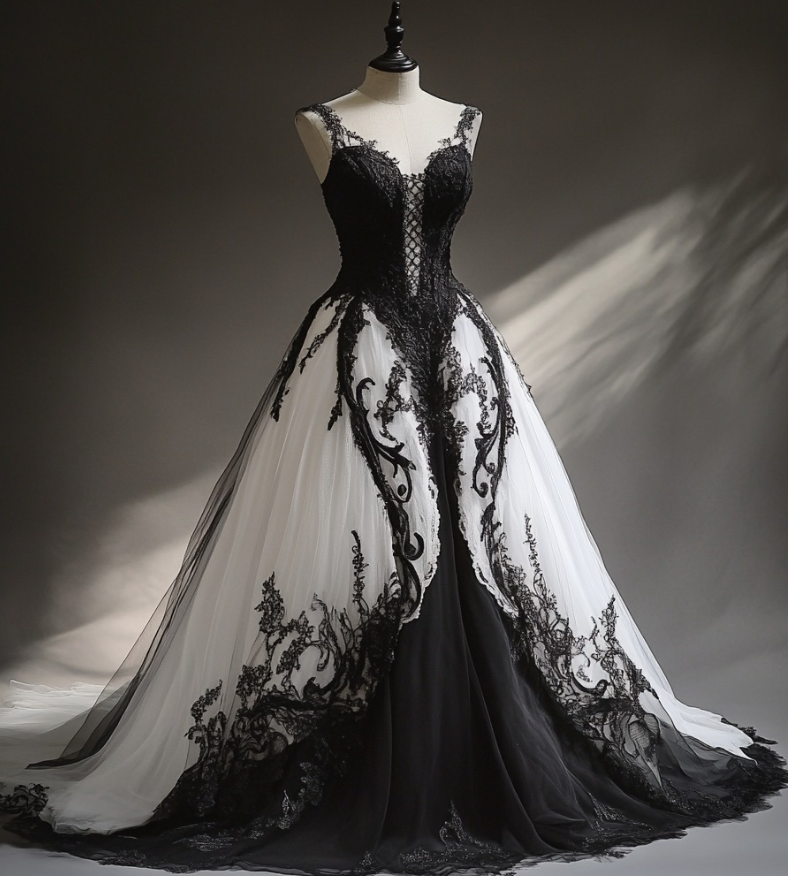 Black White A Line Spaghetti Strap Lace Chiffon Long Prom Dress Evening Dress HZ1023