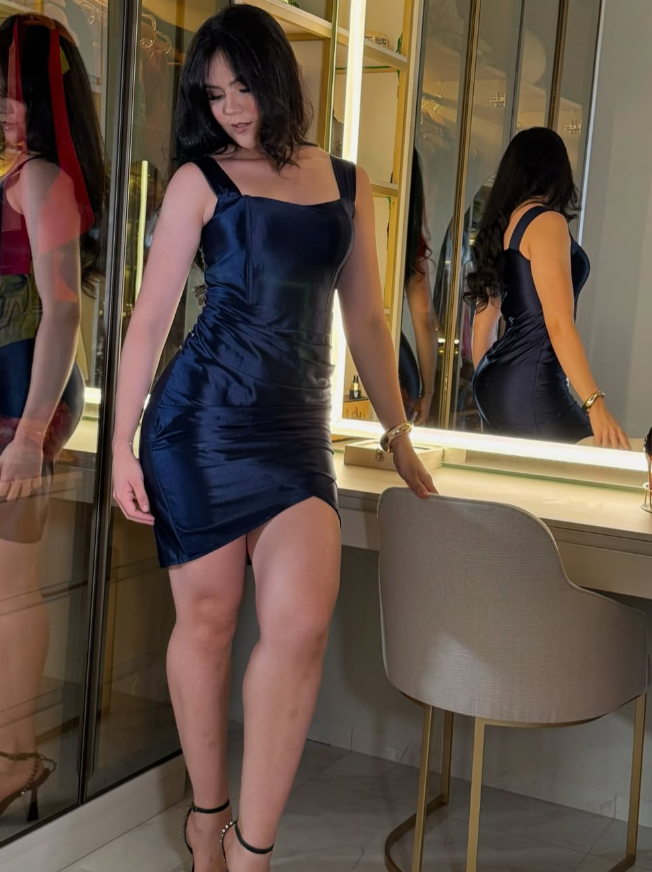 Navy Blue Sheath Strap Satin Short Homecoming Dress Evening Dress HZ1023