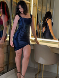 Navy Blue Sheath Strap Satin Short Homecoming Dress Evening Dress HZ1023