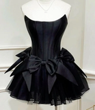Chic Black Strapless Short Homecoming Dress Satin Party Dress HZ1023