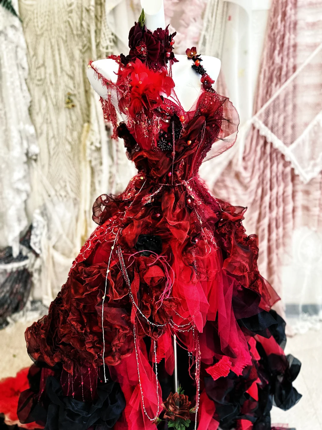 Stunning Burgundy Ball Gown Spaghetti Strap Floral Beaded Tulle Prom Dress 16th Birthday Dress HZ1023