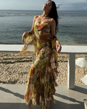 Vintage Mermaid Spaghetti Strap Beaded Ruffle Chiffon Long Prom Dress Evening Dress HZ1023