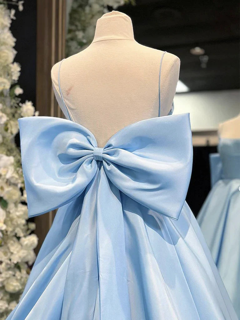 Blue A-Line Spaghetti Strap Bow Satin Long Prom Dress Graduation Dress HZ1023