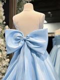 Blue A-Line Spaghetti Strap Bow Satin Long Prom Dress Graduation Dress HZ1023