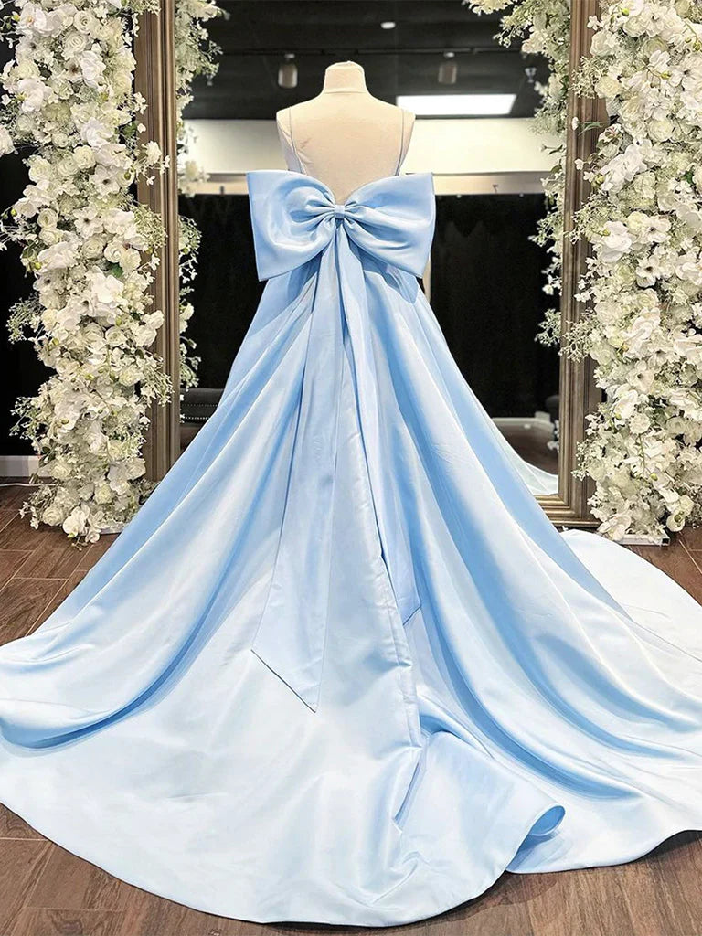 Blue A-Line Spaghetti Strap Bow Satin Long Prom Dress Graduation Dress HZ1023