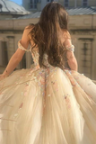 Gorgeous Off Shoulder Champagne Lace Floral Prom Dress, Long 3D Flower Champagne Formal Evening Dress, Champagne Ball Gown HZ1023