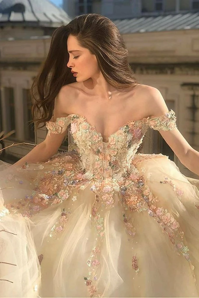 Gorgeous Off Shoulder Champagne Lace Floral Prom Dress, Long 3D Flower Champagne Formal Evening Dress, Champagne Ball Gown HZ1023