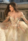 Gorgeous Off Shoulder Champagne Lace Floral Prom Dress, Long 3D Flower Champagne Formal Evening Dress, Champagne Ball Gown HZ1023