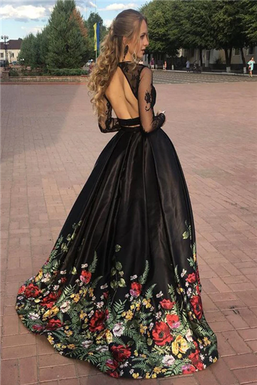 A line Two Piece Black Long Sleeve Prom Dress With Floral Print Skirt Evening Dresses HZ1023