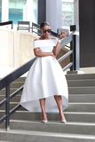 White Prom Dresses, Simple Prom Dresses, Off-the-Shoulder Party Dresses, High Low Prom Dress with Sleeves HZ1023