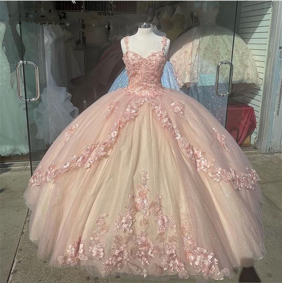 Princess Pink Quinceanera Dresses Lace Appliques Sweet 15 Party Prom Ball Gown HZ1023