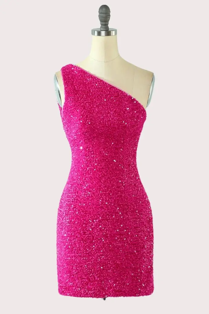 One Shoulder Hot Pink Sequins Tight Party Dress HZ1023