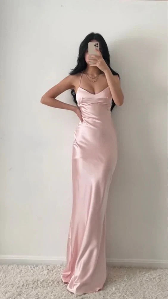 Halter Neck Pink Prom Dresses Sheath Backless Satin Party Gown Evening Dress HZ1023